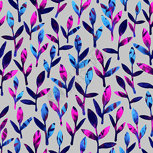 简单可爱的无缝花纹 粉蓝色和紫色的春叶手绘水彩 在灰色背景的自然图画叶子 艺术明亮的背景墙纸 美丽的颜色刷子图片