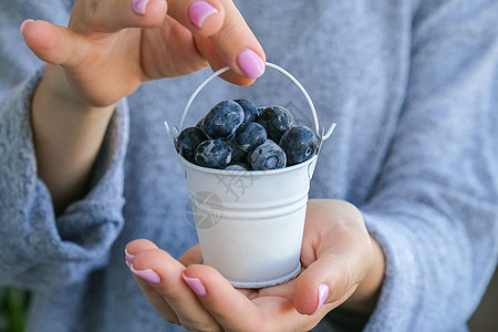 女人拿着装有冷冻蓝莓水果的金属桶 收获的概念 收集浆果的女性手 健康饮食理念 为冬天储备浆果 素食 vegan food收成健康图片