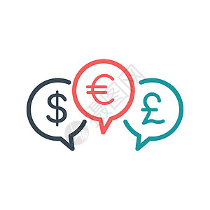 三个聊天气泡设计中的货币兑换 银行货币符号 欧元和美元现金转移符号 在白色背景上孤立的股票矢量图图片