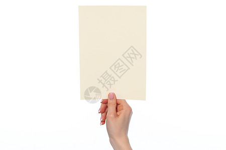 女性手持白纸空白白纸 与白色隔绝标签职业拇指棕榈手臂成功礼物卡片角落广告图片