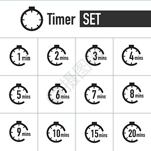 时钟计时器图标设置从 1 分钟到 20 分钟 在白色背景上孤立的股票矢量图图片