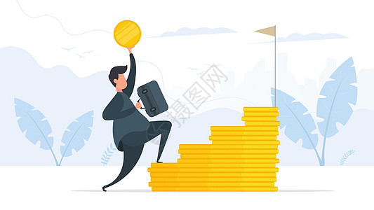 一个商务人士爬上硬币的楼梯 成功的企业家理念 向量男人商务勇气成人金融金子套装银行家进步领导图片