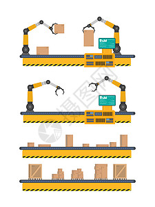 带箱子的输送线 平面设计的输送系统 它制作图案矢量技术仓库盒子生产工厂邮政库存贮存运输机器图片