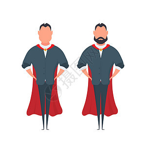大胡子的商务人士 穿着卡通风格的红色斗篷 一个男人的超级英雄把手放在腰带上 孤立 向量力量商务男生套装胡须衣服救援工作女士女性图片