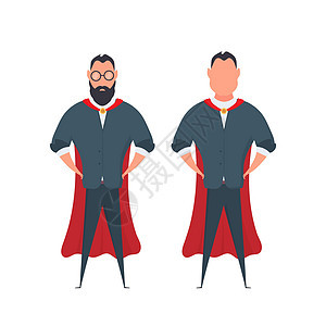 大胡子的商务人士 穿着卡通风格的红色斗篷 一个男人的超级英雄把手放在腰带上 孤立 向量力量女性商业卡通片男生人士套装飞行胡须衣服图片