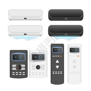 一套空调遥控器 3d 逼真的矢量遥控器 孤立在惠特白色技术环境控制电气键盘插图黑色气候钥匙图片