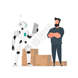 带有平板电脑的机器人检查货物 有纸板箱的机器人 交付和未来行业的概念 孤立 向量笔记本纸盒电子人商业仓库包装货运工人男性船运图片