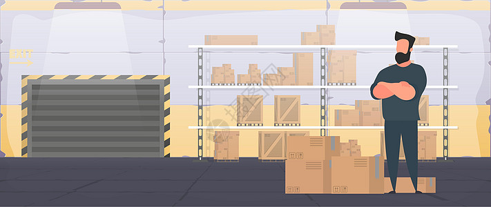 有箱子的大工业仓库 一个男人拿着一个大木箱站着 大托盘 交付和运输概念 向量工厂架子商业送货贮存职业工人技术男性船运图片