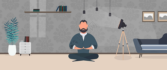 商务人士在办公室沉思 做瑜伽的男人放松冥想瑜伽和从工作概念中休息 向量人士经理套装电脑卡通片桌子姿势商务职场员工图片