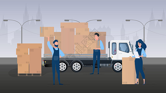 纸盒搬家横幅 搬到一个新的地方 白色卡车搬运工提着箱子一个女孩检查列表中的存在 纸箱 货物运输和交付的概念 向量插画
