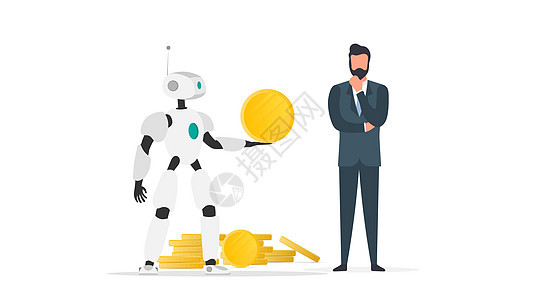 机器人给商务人士一枚金币 机器人为企业带来利润 盈利和财富的概念 孤立 向量交易投资智力硬币男人贸易人士金融男性金子图片