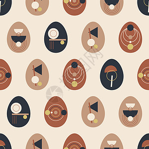 Boho Easter概念设计 矢量无缝模式 配有蛋的糊盘和terracotta 棕色 平板矢量插图图片