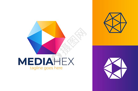 Hexa 媒体播放矢量标志 六角形框架科技行业标志模板 带有播放箭头中间的抽象媒体三角形六边形标识营销插图公司身份网络品牌商业技图片