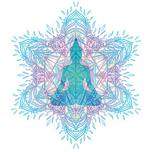 瑜伽冥想脉轮概念 内心的爱与和平 在莲花位置的佛剪影在五颜六色的华丽坛场 孤立的矢量图解 佛教深奥的图案彩虹头脑治疗愈合灵气精神咒语女孩设计图片