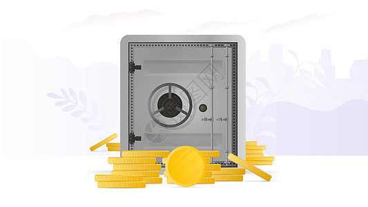 一个大金属保险箱和一堆金币 装甲保险柜 向量银行财富投资货币安全订金商业硬币现金银行业图片