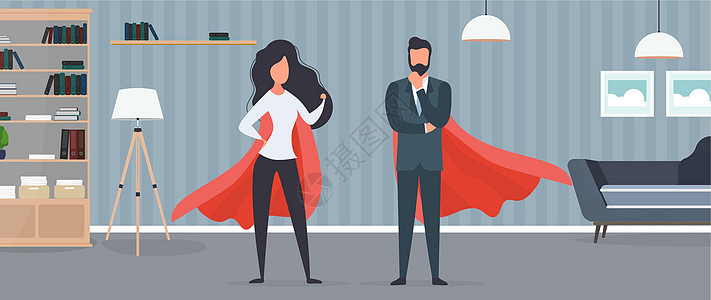 穿着红色雨衣的女孩和男孩 女人和男人的超级英雄 成功人士企业或家庭的概念 向量员工职业权利工作领导商务飞行商界主角商业图片