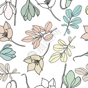 无缝的树叶和树枝在白色背景上以柔和的颜色呈现 花卉和简单的灯饰 矢量图图片