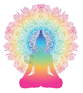 脉轮概念 内心的爱与和平 在莲花位置的佛剪影在五颜六色的华丽坛场 孤立的矢量图解 佛教深奥的图案平衡彩虹冥想光环活力女孩精神治疗图片