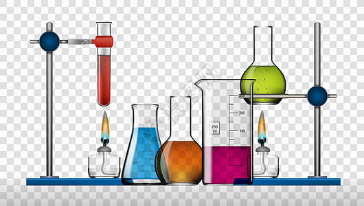 逼真的化学实验室设备套装 玻璃烧瓶烧杯酒精灯实验生物测量瓶子化学品制药火焰生物学测试滴管背景图片