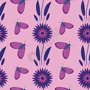 无缝图案无尽的纹理程式化的花朵和飞蛾 壁纸纺织品包装笔记本正方形插图网站背景图片