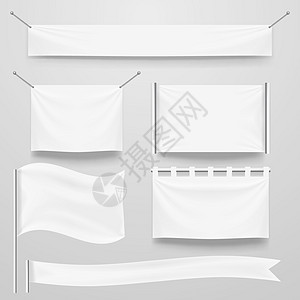 白色透明纺织横幅和旗帜模板 Se织物框架波纹插图折叠帆布海报床单细绳长方形图片