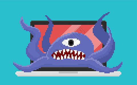 攻击膝上型计算机的计算机病毒的像素 artvector 一只眼睛的怪物是计算机病毒的象征 它制作图案图片