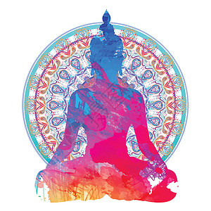 脉轮概念 内心的爱与和平 在莲花位置的佛剪影在五颜六色的华丽坛场 孤立的矢量图解 佛教深奥的图案光环平衡瑜伽治疗活力艺术彩虹女士图片