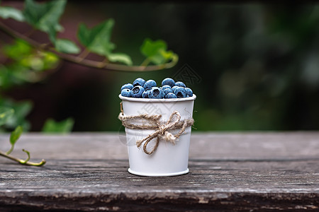 一些蓝莓 在一个装饰小桶里 在夏日夕阳在花园的木棚子上营养苔藓荒野宏观小吃收成蓝色浆果食物灌木图片