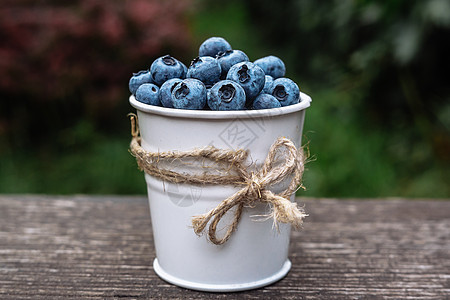 一些蓝莓 在一个装饰小桶里 在夏日夕阳在花园的木棚子上采摘苔藓叶子森林水果癌症食物饮食宏观植物图片