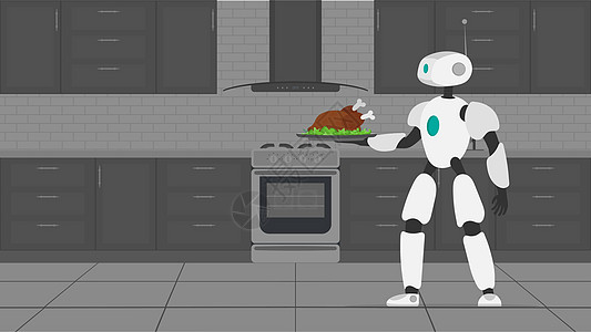 机器人拿着一个装有炸肉的金属托盘 机器人服务员 未来咖啡馆工作者的概念 向量卡通片电子人智力咖啡店管家科学机器服务食物餐饮图片