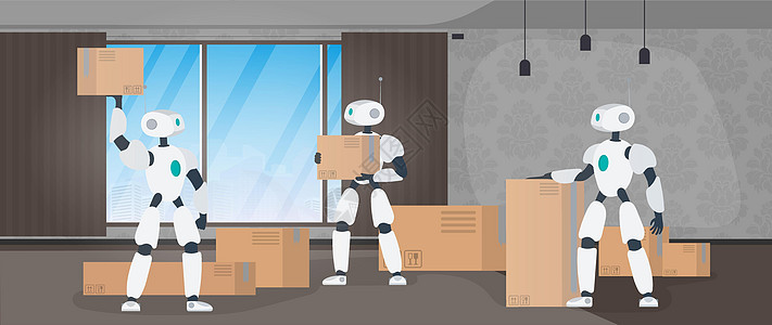 搬家横幅 搬到一个新的地方 一个白色机器人拿着一个盒子 纸箱 未来使用机器人运送和装载货物的概念 向量纸板商业纸板盒机器车辆人工图片