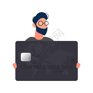 戴眼镜的家伙拿着一张黑色的银行卡 拿着塑料卡的年轻男性在白色背景下被隔离的 ATM 机 向量微笑借方零售交换卡片人士卡通片商业经图片