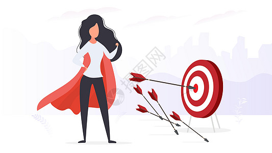 穿红色斗篷的女孩击中了目标 大目标 箭射中靶心 超级英雄的女人 向量女士成就坡度工人射箭金融成人动机涂鸦商务图片