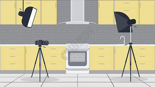 厨房视频博客工作室 平面风格的时尚厨房 厨柜 炉灶 摄像机 柔光箱 烹饪视频博客的背景 向量卧室奢华技术频闪三脚架桌子聚光灯摄影图片