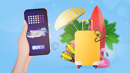 旅行社的旗帜 手拿着一部手机 上面有购买机票的应用程序 销售旅游和机票的概念 向量图片