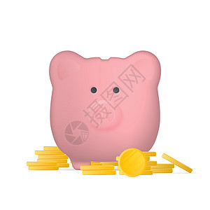 以猪的形式粉红色存钱罐与金币 金钱的存钱罐与硬币山 孤立 向量图片