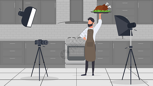 厨房里的一位男厨师有一个烹饪博客 厨房围裙里的那个人拿着炸鸡 向量笔记本学校电脑技术男性视频桌子互联网蔬菜衣服图片