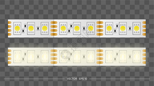 LED灯带燃烧的 LED 灯带 特写 LED 灯带特写 现实矢量丝带家具照明发射电子灯泡芯片磁带电气活力插画