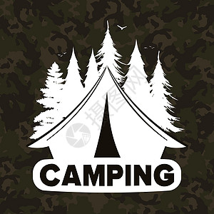 露营方形横幅 带帐篷和森林轮廓的露营标志 向量高清图片