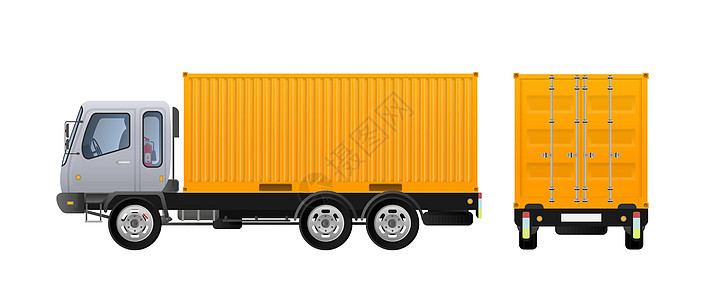 矢量卡车侧视图 运送货物 纯色和平面色彩设计 运输的黄色卡车 单独在白色背景上物流商业拖拉机船运货运交通插图车辆车轮服务图片