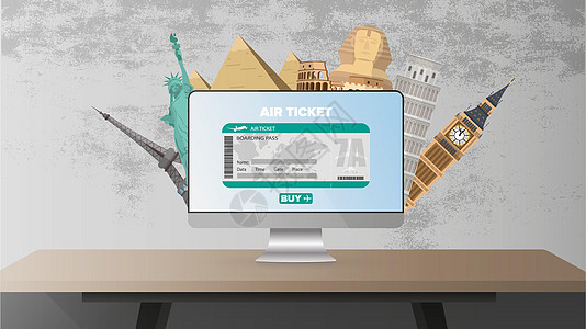 灰色横幅 网上买票 旅游和门票旅游销售主题的概念 监控埃及金字塔埃菲尔铁塔自由女神像车轮佩赞塔设计图片