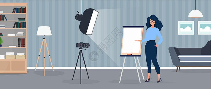 这个女孩正在镜头前做演示 老师在线上课 博客在线培训和会议的概念 三脚架柔光箱上的相机商业卡通片网络男性女士插图工作博主商务营销图片
