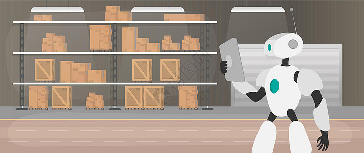 生产仓库中的机器人 机器人拿着平板电脑 货物运输和装载的未来概念 带抽屉和托盘的大型仓库 向量电子人贮存组织工厂途径纸板库存进步图片