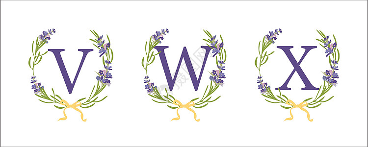 VWX 字母 设置现代手绘平面素描插图 薰衣草花环与字母组合 婚礼装饰的好主意 老式矢量印刷会徽标志标签设计图片