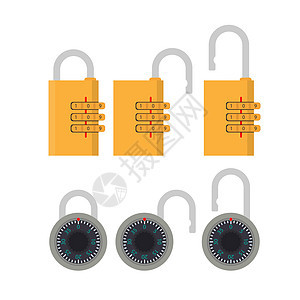 有代码的挂锁 用于门保险箱和手提箱的挂锁 平面样式 向量白色商业帐户红色安全旅行开锁数字秘密钥匙图片