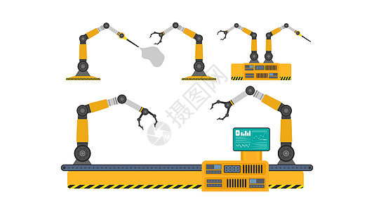 满是机械手的输送机自动生产线 自动运行 工业机器人机械手 现代工业技术 制造工厂的设备 孤立的 vecto产品卡通片头盔男人腰带图片