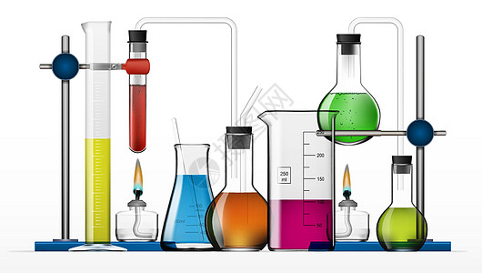 逼真的化学实验室设备套装 玻璃烧瓶烧杯酒精灯液体药物科学插图工具瓶子架子生物药理测量图片