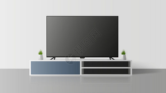 灰色墙上的电视 特写 TVa 长阁楼床头柜 矢量图电脑装饰娱乐房子展示小样技术剧院视频桌子图片