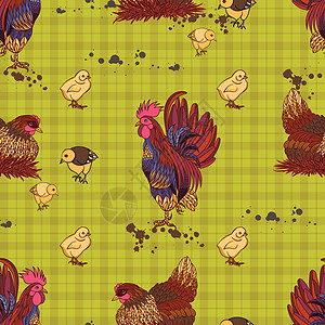 无缝背景与手绘公鸡和鸡十二生肖创造力母鸡艺术家庭收藏农业八字插图咕嘟图片