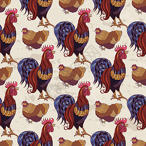 无缝背景与手绘公鸡和鸡成人母鸡咕嘟食物十二生肖织物创造力插图收藏剪贴簿图片